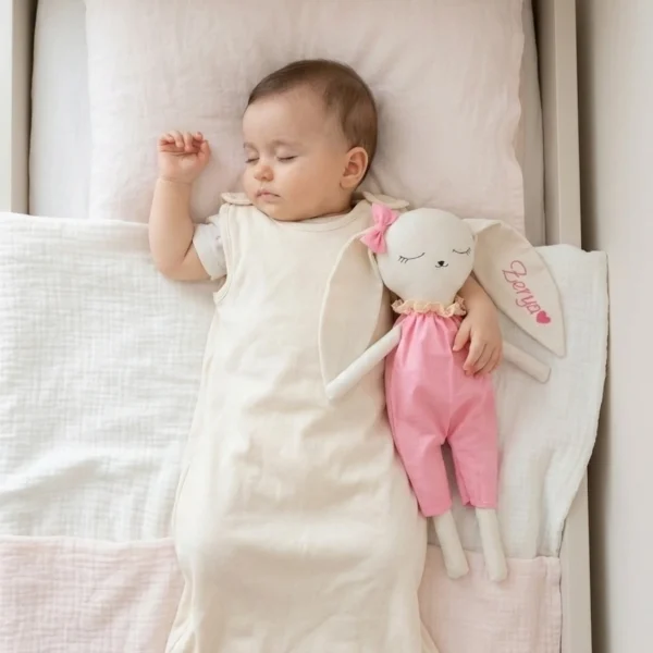 Üzerinde bebek ismi nakışlı, yumuşak dokulu el yapımı kumaş uyku arkadaşı