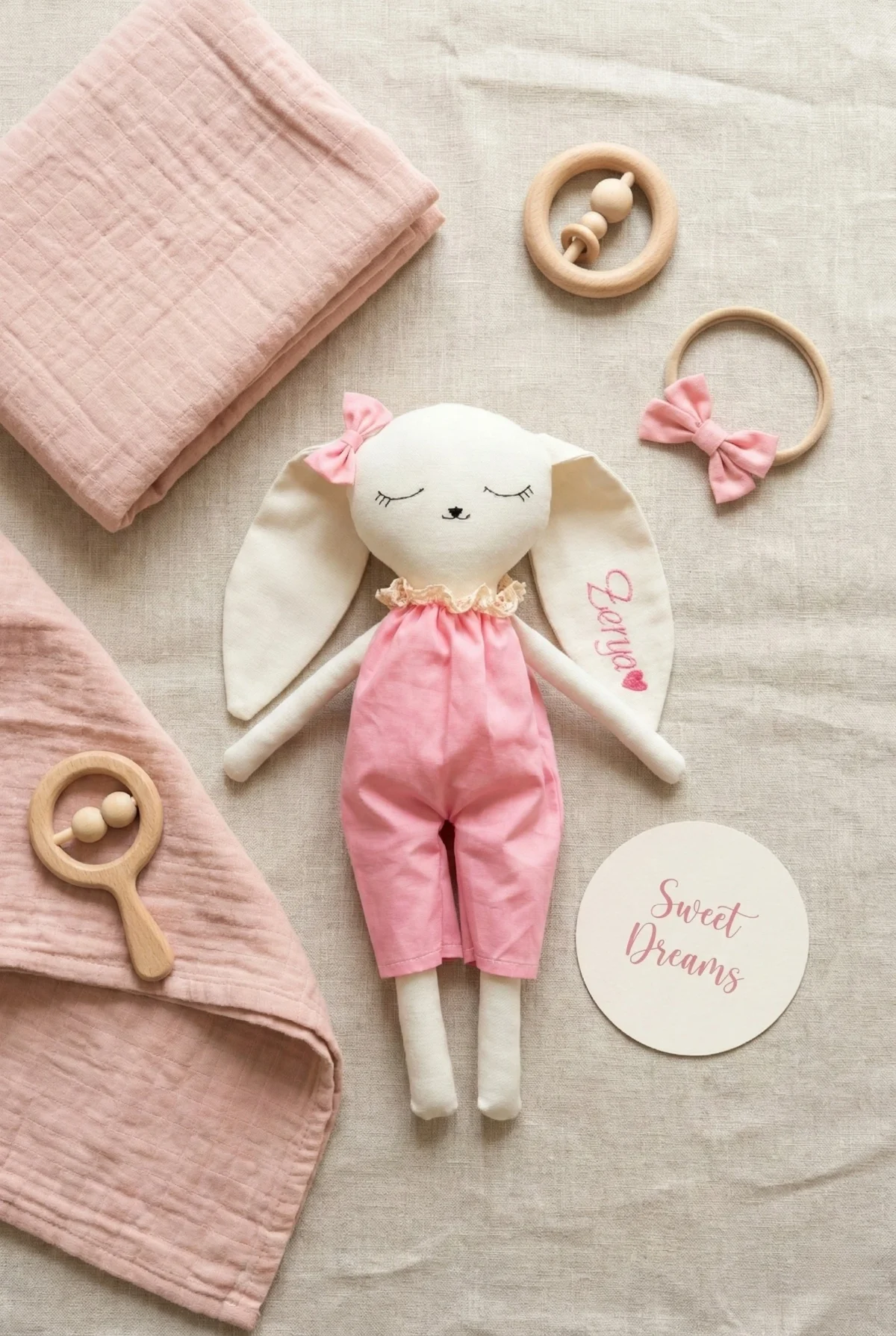 Sökülmeyen kaliteli iplikle isim işlenmiş kişiselleştirilebilir bez bebek detayı