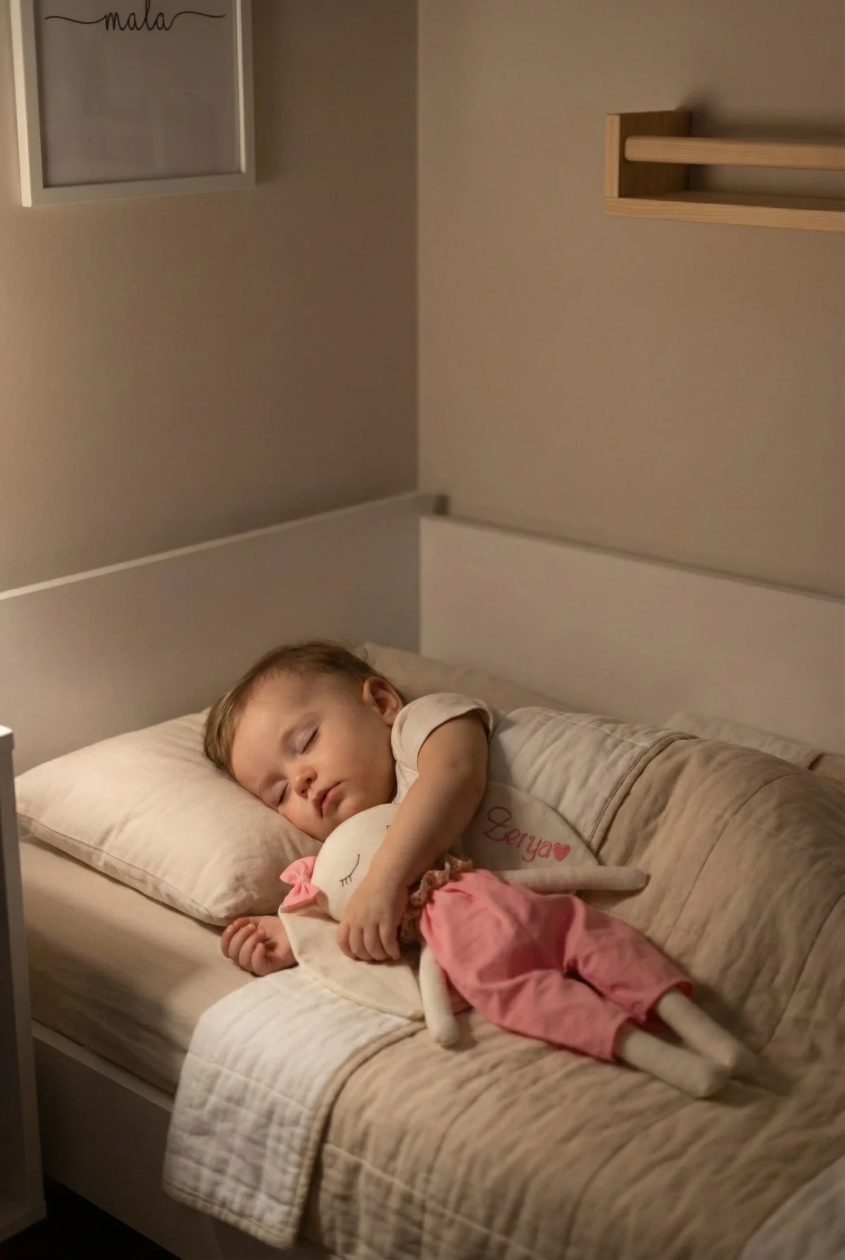 eşiğinde uyku arkadaşına sarılan bebek ve güvenli kumaş oyuncak kullanımı