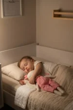 eşiğinde uyku arkadaşına sarılan bebek ve güvenli kumaş oyuncak kullanımı