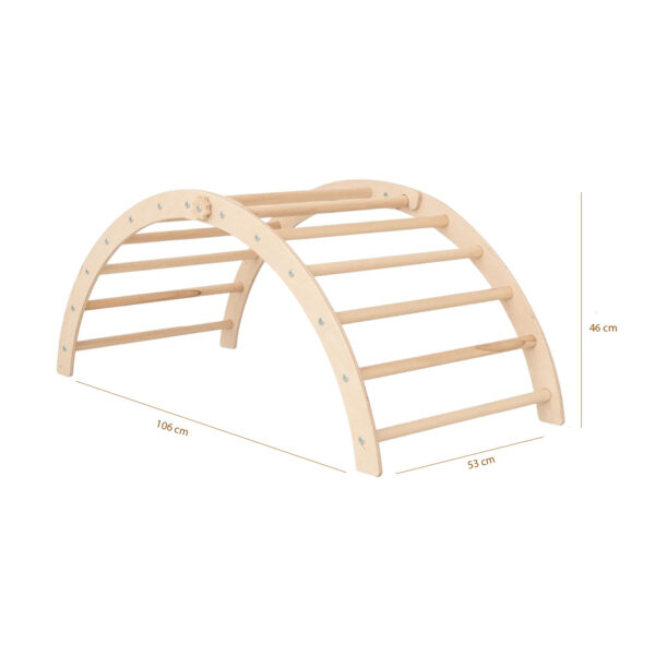 Doğal ahşaptan üretilmiş Pikler tırmanma kemeri, çocukların motor becerilerini geliştirmesine yardımcı olur. Montessori prensiplerine uygun olarak tasarlanmış güvenli ve dayanıklı bir tırmanma oyuncağı.