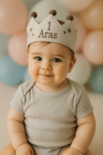 Ponponlu ve ayarlanabilir bağcıklı, isme özel 1 yaş doğum günü tacı modeli