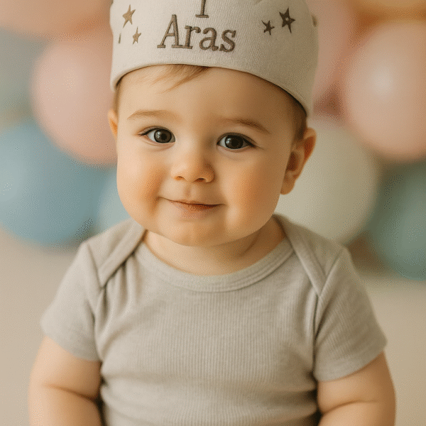 Ponponlu ve ayarlanabilir bağcıklı, isme özel 1 yaş doğum günü tacı modeli