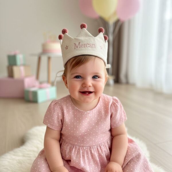 İsme Özel Ponponlu Kız Çocuk Doğum Günü Tacı