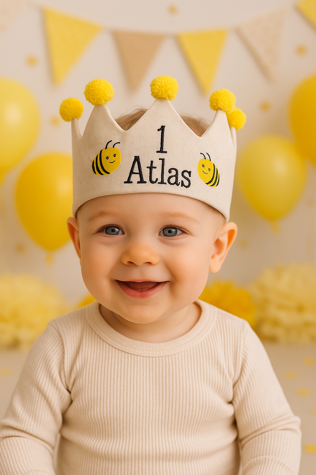 1 Yaş Arı Temalı Doğum Günü Tacı İsim Detayı 1 yaş arı temalı doğum günü tacı üzerindeki isim ve yaş işleme detayı