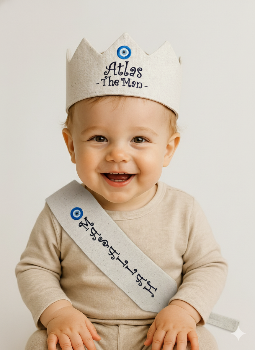 İsme Özel Sünnet Tacı ve Maşallah Kuşağı Seti İsme özel işlemeli sünnet tacı ve Maşallah yazılı sünnet kuşağı seti