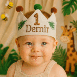 İsme özel 1 yaş safari doğum günü tacı, zürafa figürlü ve ayarlanabilir bağcıklı