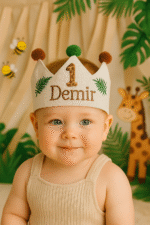 İsme özel 1 yaş safari doğum günü tacı, zürafa figürlü ve ayarlanabilir bağcıklı