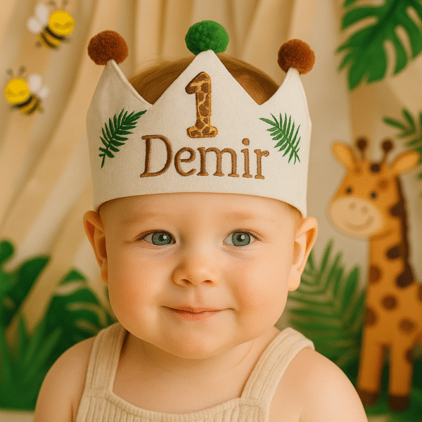 İsme özel 1 yaş safari doğum günü tacı, zürafa figürlü ve ayarlanabilir bağcıklı