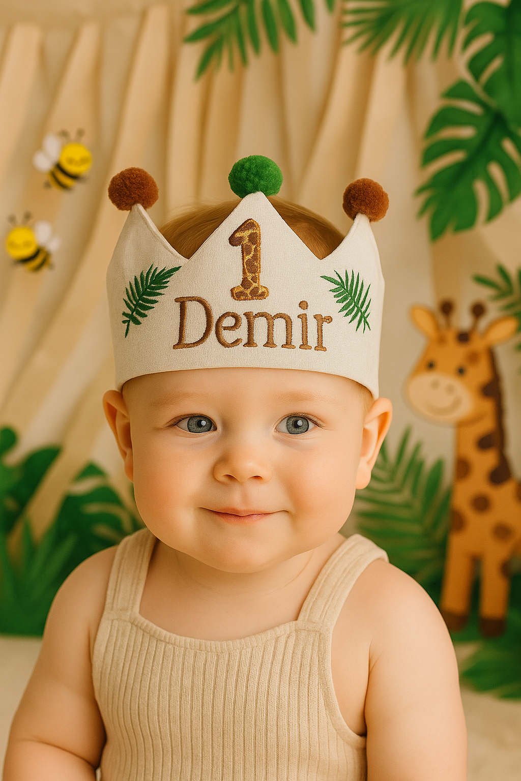 İsme Özel 1 Yaş Safari Doğum Günü Tacı İsme özel 1 yaş safari doğum günü tacı, zürafa figürlü ve ayarlanabilir bağcıklı
