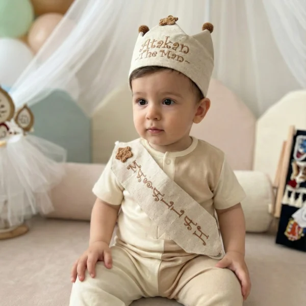 Kahverengi nakış ve ponpon detaylı, ekru zeminli sünnet tacı ve maşallah yazılı kuşak takımı.